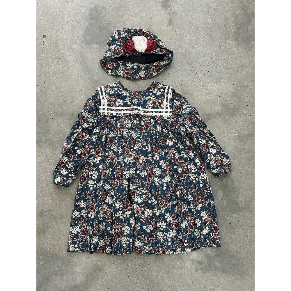 VINTAGE COTTAGECORE FLORAL BIB COLLAR DRESS & HAT SZ L Kids By La Belle‎